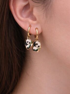 Gold Panda Hoop Drop Earrings with Green Bamboo Accent